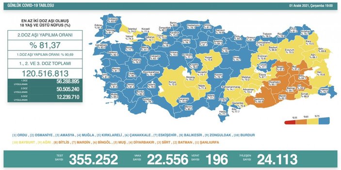 1 Aralık Türkiye'de koronavirüs tablosu