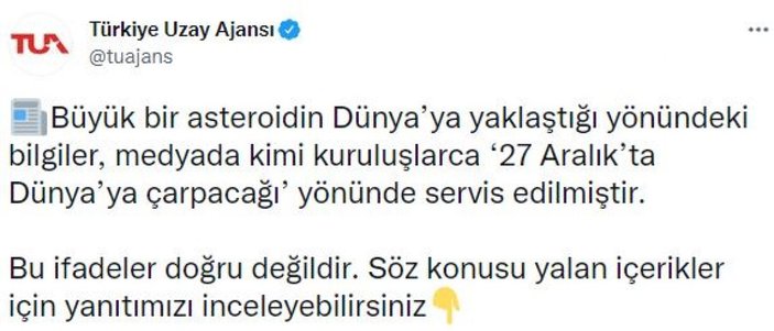 Türkiye Uzay Ajansı: 2018 AH, Dünya'ya çarpmayacak