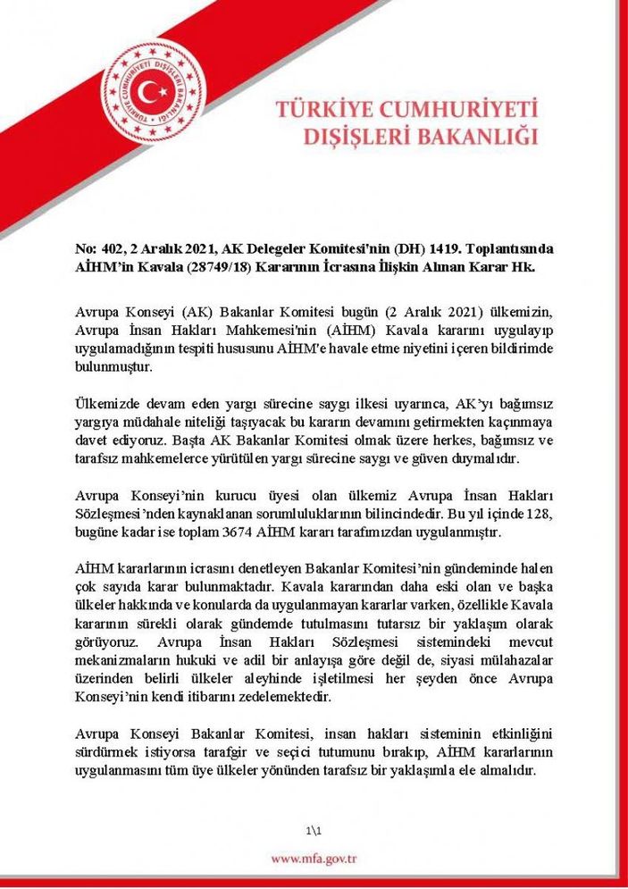 Dışişleri Bakanlığı, Avrupa Konseyi'ne tepki gösterdi