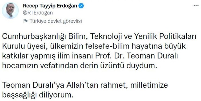 Cumhurbaşkanı Erdoğan, Teoman Duralı için başsağlığı mesajı yayınladı