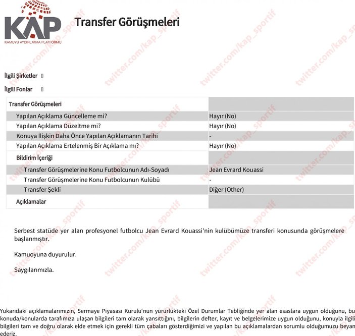 Trabzonspor, Jean Evrard Kouassi'yi KAP'a bildirdi