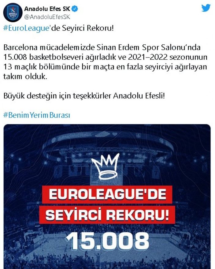 Anadolu Efes'ten Euroleague'de seyirci rekoru