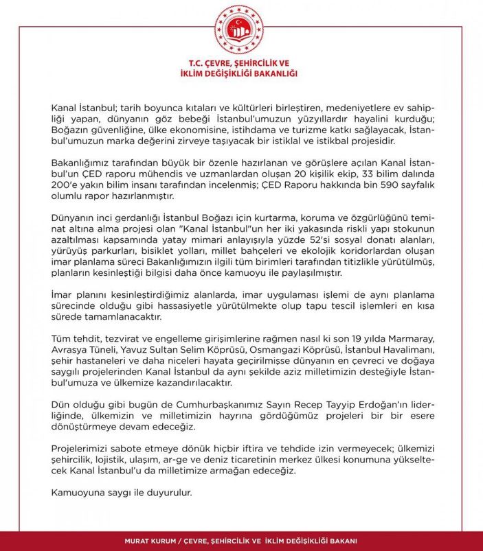 Murat Kurum: Tüm engellemelere rağmen Kanal İstanbul hayata geçirilecek