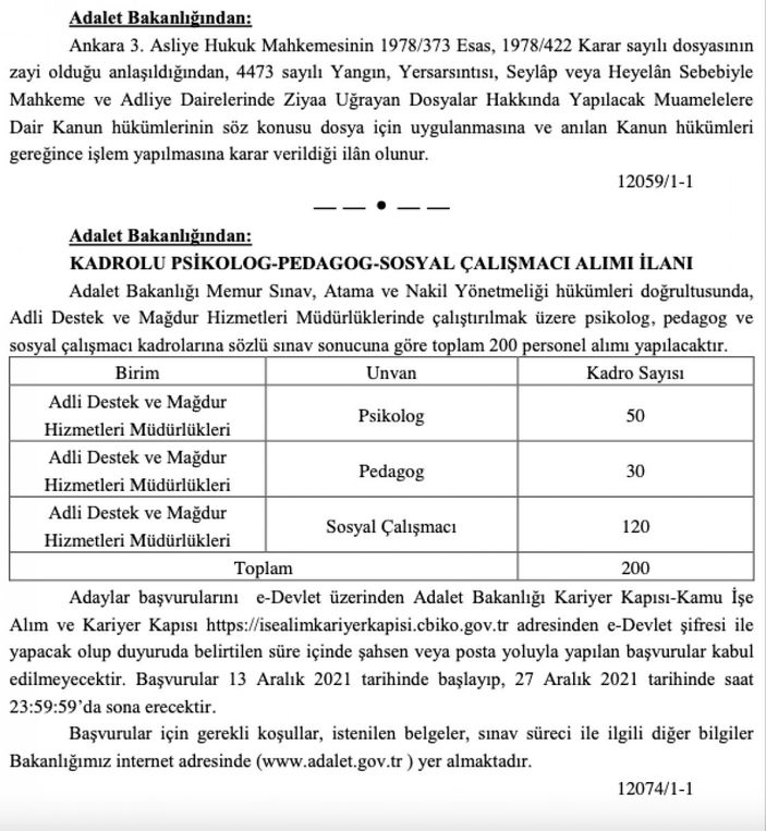Adalet Bakanlığı, 200 personel alacak