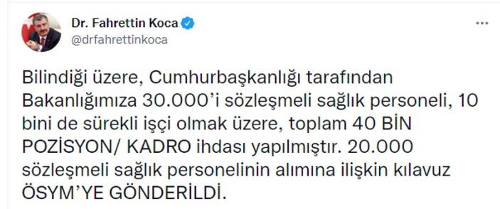 Fahrettin Koca: KPSS puanına göre 20 bin sözleşmeli personel alınacak