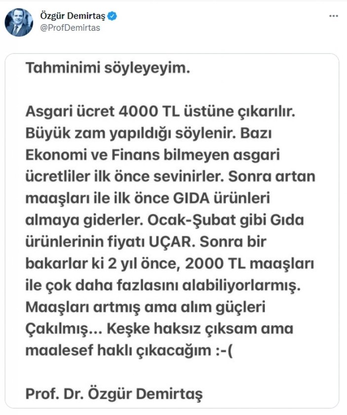 Özgür Demirtaş'ın asgari ücrete zam açıklaması