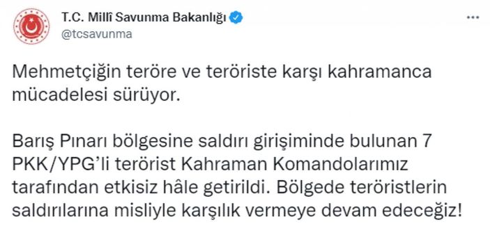 Barış Pınarı bölgesinde 7 terörist etkisiz hale getirildi
