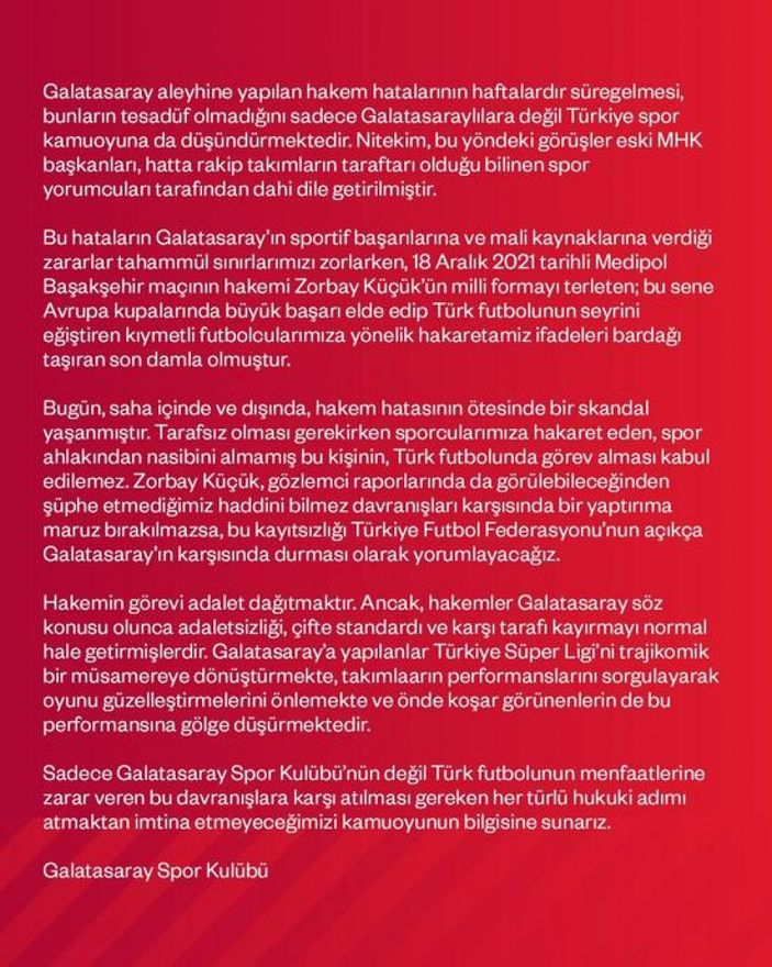 Galatasaray'dan Zorbay Küçük'e tepki