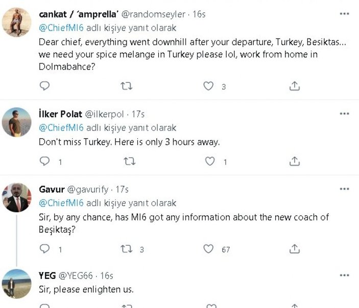 Türkiye paylaşımı yapan MI6 Başkanı Moore'a Beşiktaşlılardan gülümseten yanıtlar