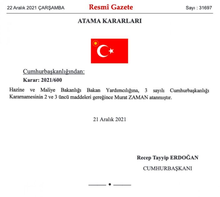Hazine ve Maliye Bakan Yardımcılığına Murat Zaman atandı