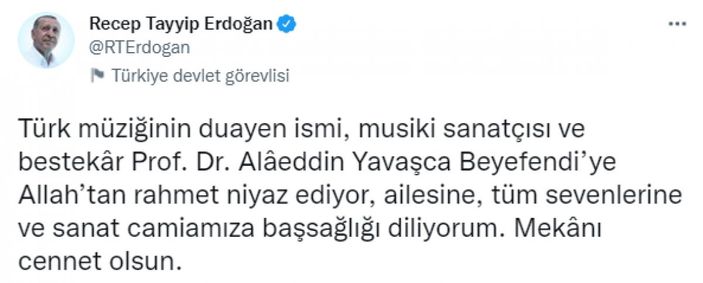Cumhurbaşkanı Erdoğan'dan Yavaşca ailesine taziye telefonu