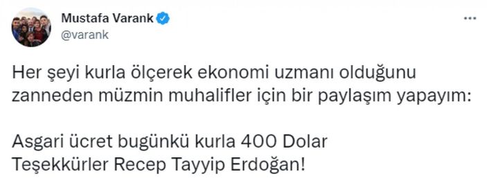 Mustafa Varank'tan asgari ücret göndermesi: Bugünkü kurla 400 dolar oldu