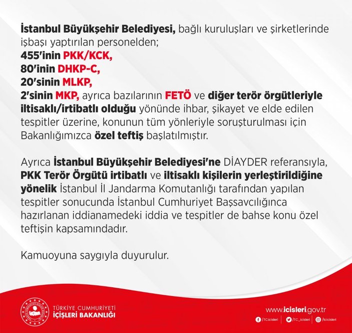 İçişleri Bakanlığı: İBB'de terör iltisaklı personel iddiasına ilişkin teftiş başlatıldı