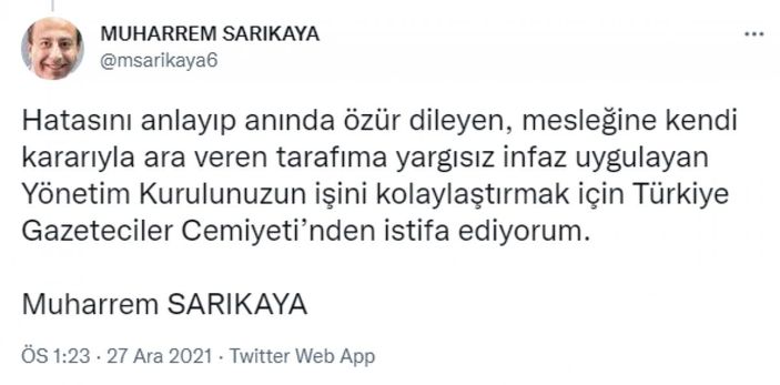 Muharrem Sarıkaya, Türkiye Gazeteciler Cemiyeti'nden istifa etti