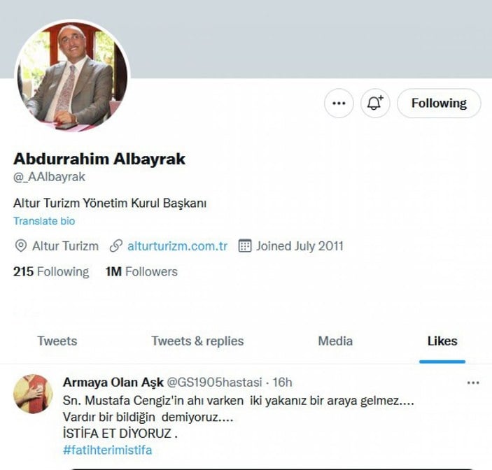 Abdurrahim Albayrak'ın beğendiği Terim tweet'i