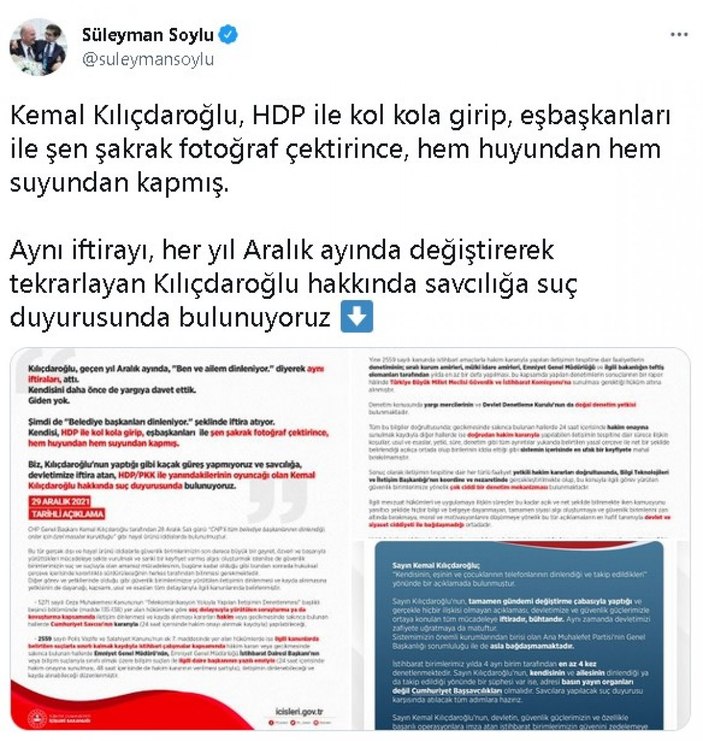 Bakan Soylu'dan Kılıçdaroğlu hakkında suç duyurusu