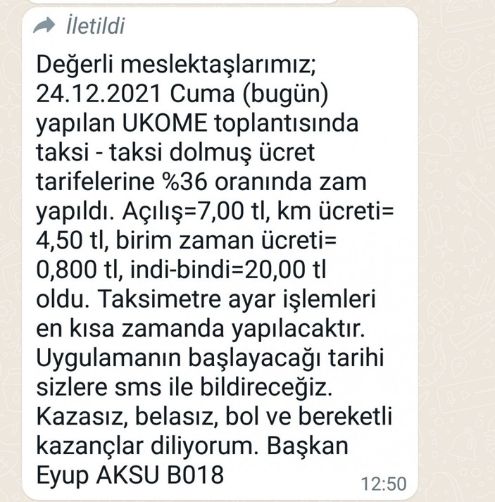 Taksiciler odası mesajı