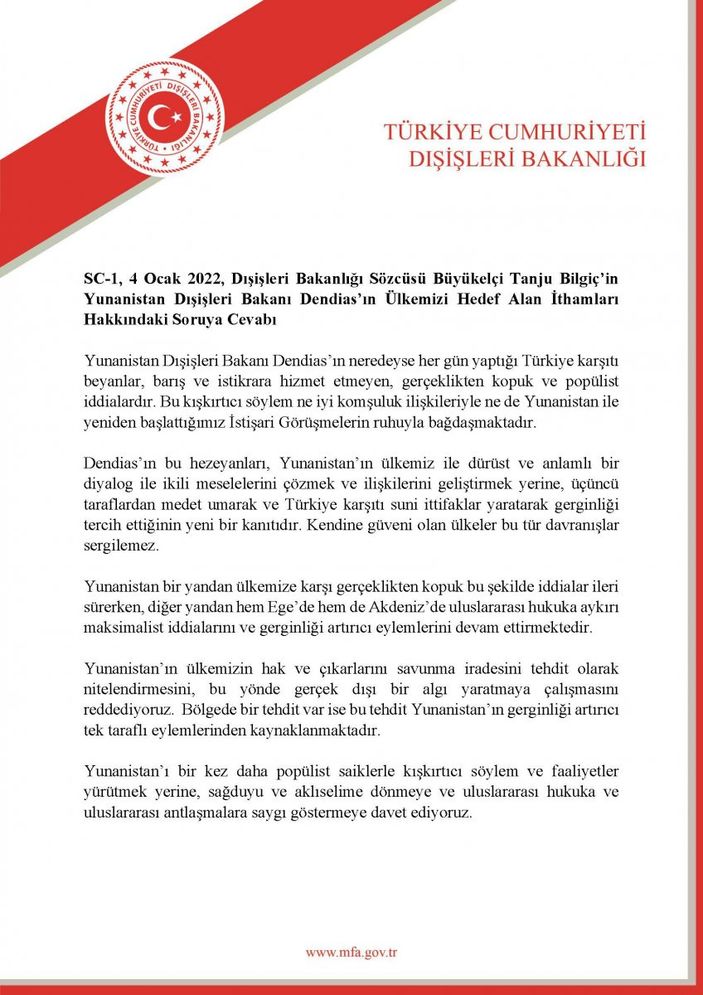 Dışişleri Bakanlığı'ndan Yunanistan'a tepki