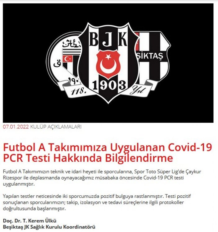 Beşiktaş'ta iki koronavirüs vakası
