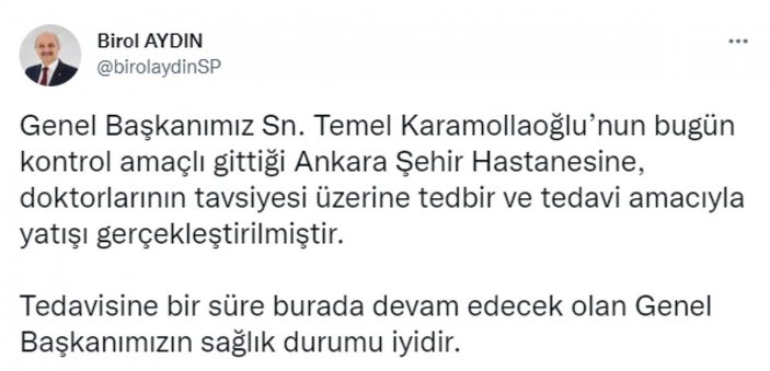 Temel Karamollaoğlu hastaneye yatırıldı