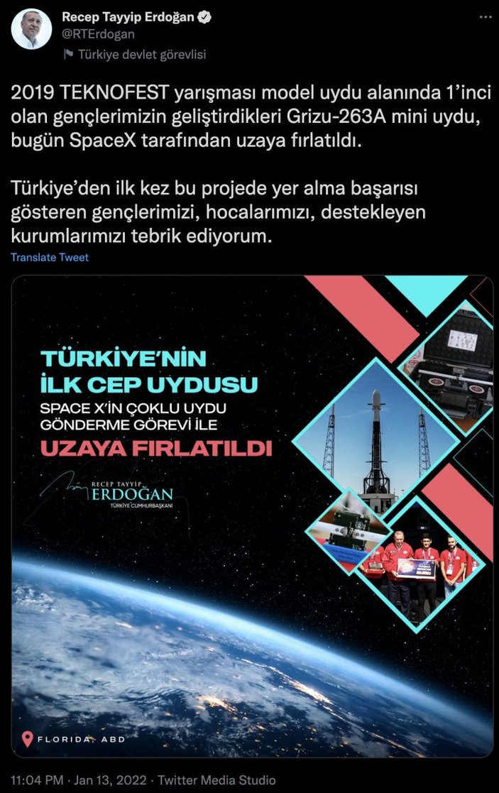 Türkiye'nin ilk cep uydusu Grizu-263A fırlatıldı