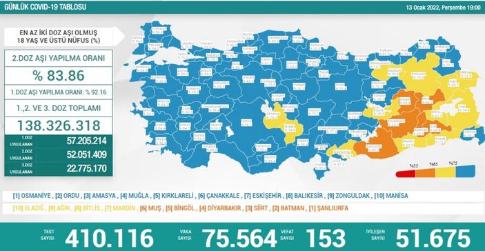 13 Ocak Türkiye'de koronavirüs tablosu