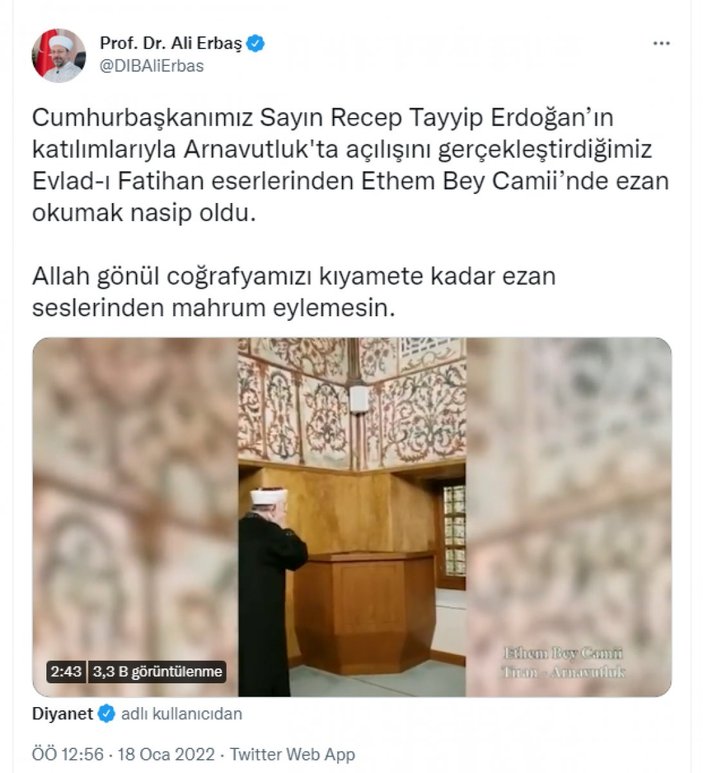Ali Erbaş Arnavutluk'ta açılan Ethem Bey Camii'nde ezan okudu