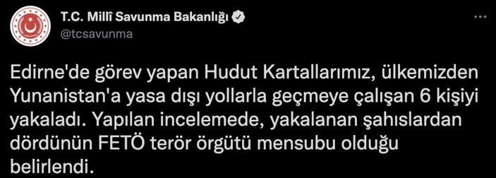 MSB: Yunanistan'a yasa dışı geçmeye çalışan 4 FETÖ mensubu yakalandı