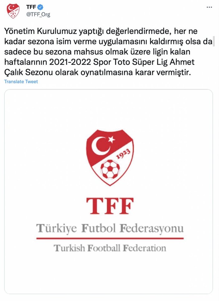 Süper Lig'de bu sezona 'Ahmet Çalık Sezonu' ismi verildi