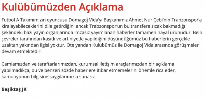 Beşiktaş ve Trabzonspor'dan Vida açıklaması