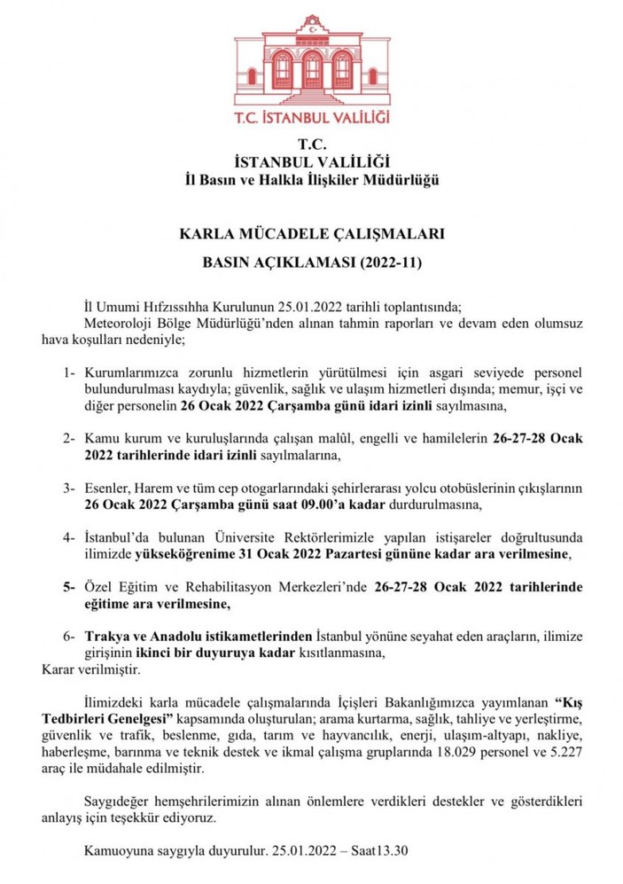 İstanbul Valiliği'nden karla mücadelede yeni tedbirler