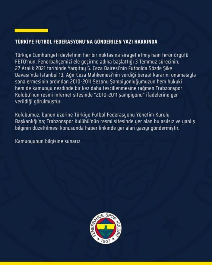 Fenerbahçe'den flaş açıklama! 2010-2011 sürecine ilişkin ne denildi?
