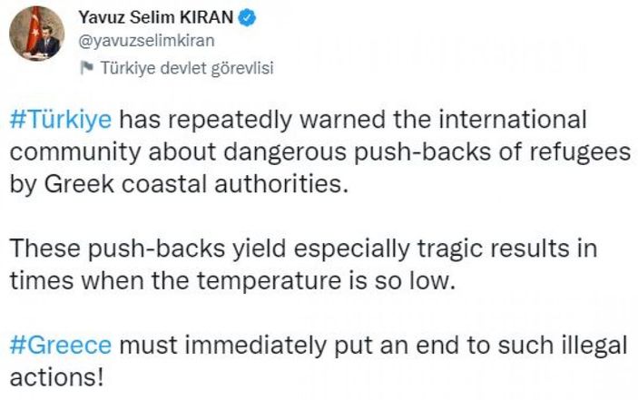 Dışişleri Bakan Yardımcısı Kıran'dan Yunanistan'a geri itme tepkisi