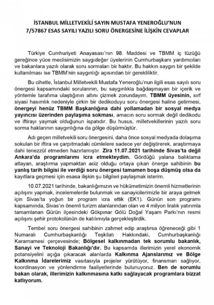 Sanayi ve Teknoloji Bakanı Mustafa Varank’tan, Deva Partisi'nin TBMM’ye sorduğu soruya, belgeli açıklama