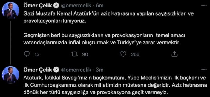 Ömer Çelik: Atatürk'ün aziz hatırasına yapılan saygısızlığı kınıyoruz