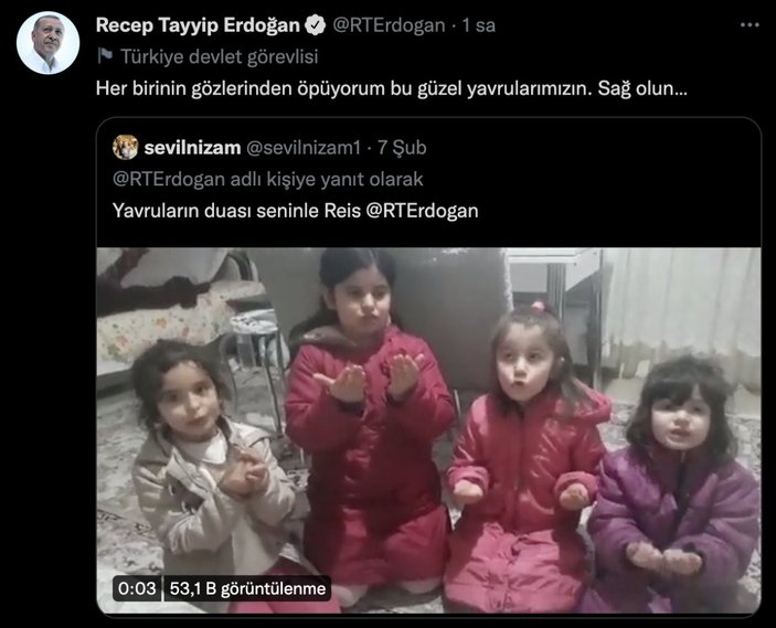 Cumhurbaşkanı Erdoğan, çocukların geçmiş olsun videolarına cevap verdi