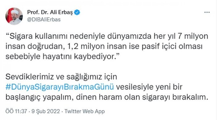 Ali Erbaş: Dinen haram olan sigarayı bırakalım