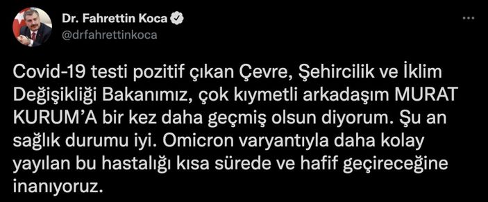 Fahrettin Koca: Murat Kurum'un sağlık durumu iyi