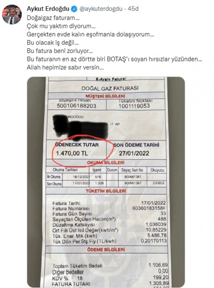 Aykut Erdoğdu'dan doğalgaz faturası tepkisi