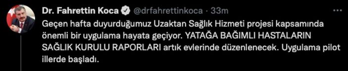 Fahrettin Koca: Uzaktan sağlık hizmeti pilot illerde başladı