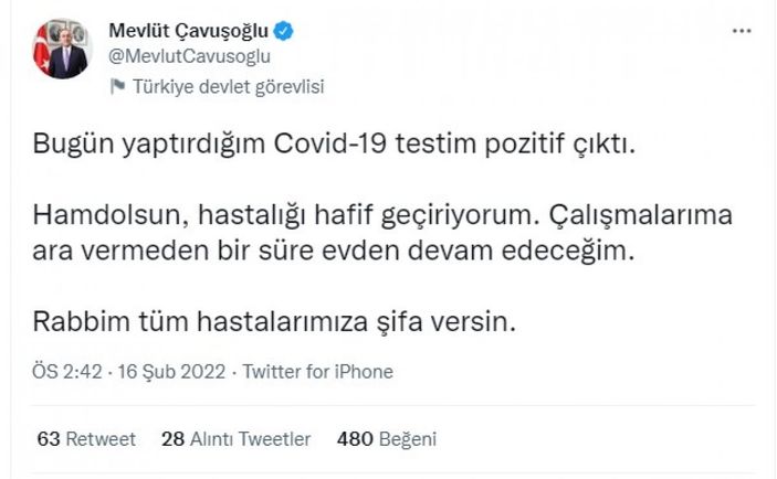 Dışişleri Bakanı Mevlüt Çavuşoğlu, koronavirüse yakalandı