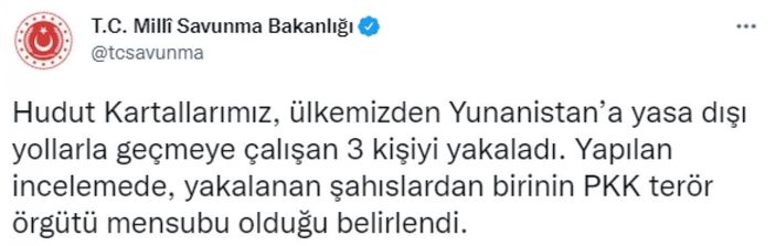 MSB: Yunanistan'a geçmeye çalışan 3 kişi yakalandı
