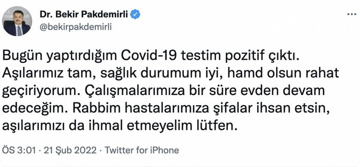 Bekir Pakdemirli koronavirüse yakalandı