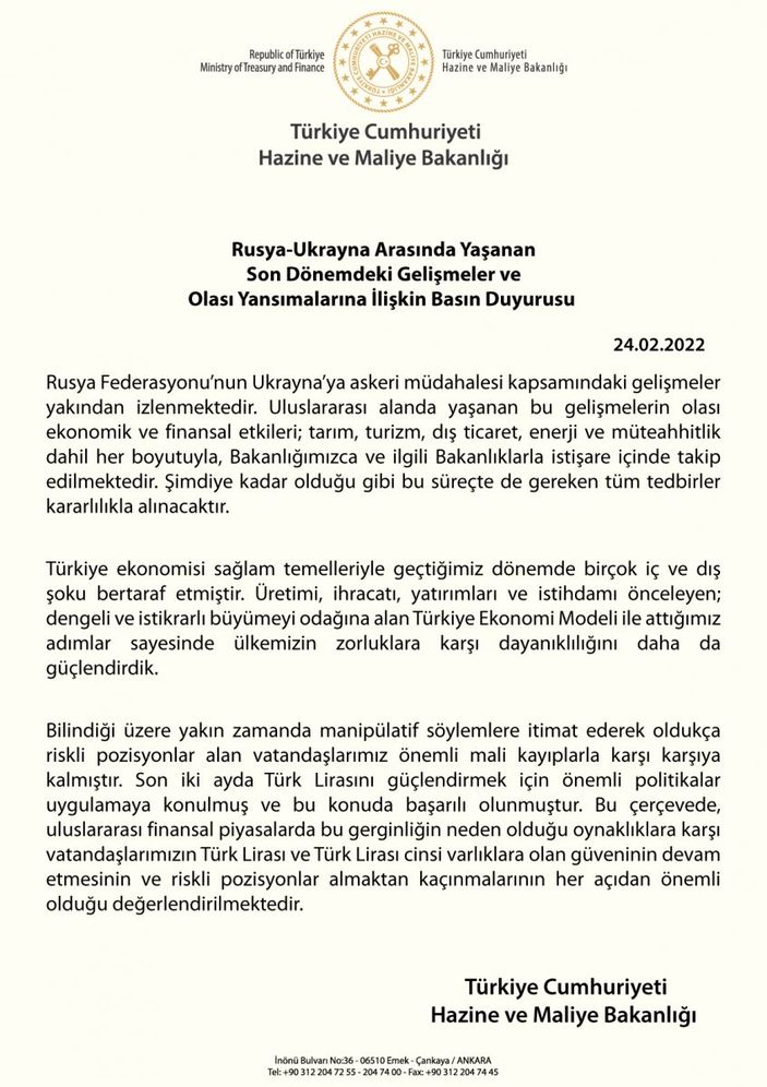 Hazine ve Maliye Bakanlığı'ndan Rusya- Ukrayna krizine karşı hamle