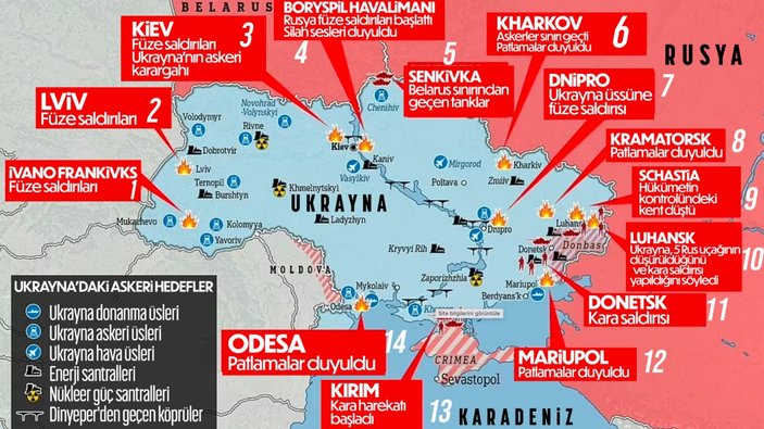 Ukrayna'ya askeri harekatı gösteren harita