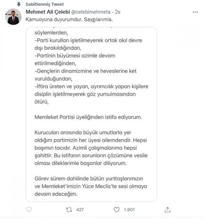 Mehmet Ali Çelebi, Memleket Partisi'nden istifa etti