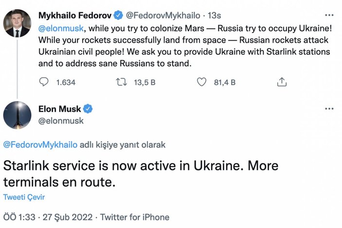 Elon Musk, uydu internet sistemi Starlink'i Ukrayna'da aktive etti