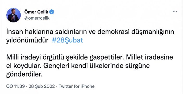 AK Parti Sözcüsü Ömer Çelik'ten 28 Şubat açıklaması