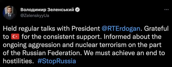 Vladimir Zelensky: İstikrarlı desteği için Türkiye'ye minnettarız