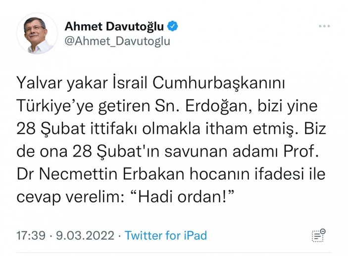 Davutoğlu, İsrail Cumhurbaşkanı'nın Türkiye ziyaretinden rahatsız